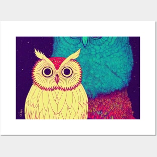 Colorful Owl Portrait Illustration - Bright Vibrant Colors Bohemian Style Feathers Psychedelic Bird Animal Rainbow Colored Art Posters and Art